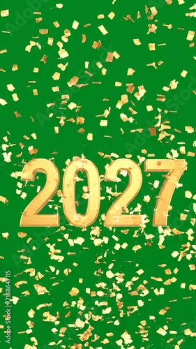 Golden 2027 Number with Falling Confetti Celebration on Green Screen Background for New Year Video Projects