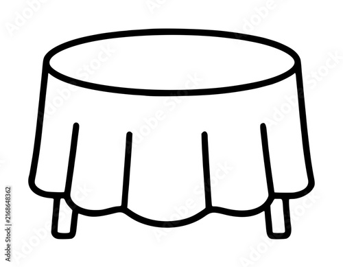 Elegant minimalist vector icon of a round dining table covered with a flowing draped tablecloth, ideal for restaurant menus, wedding event planning illustrations, or home interior design symbols.