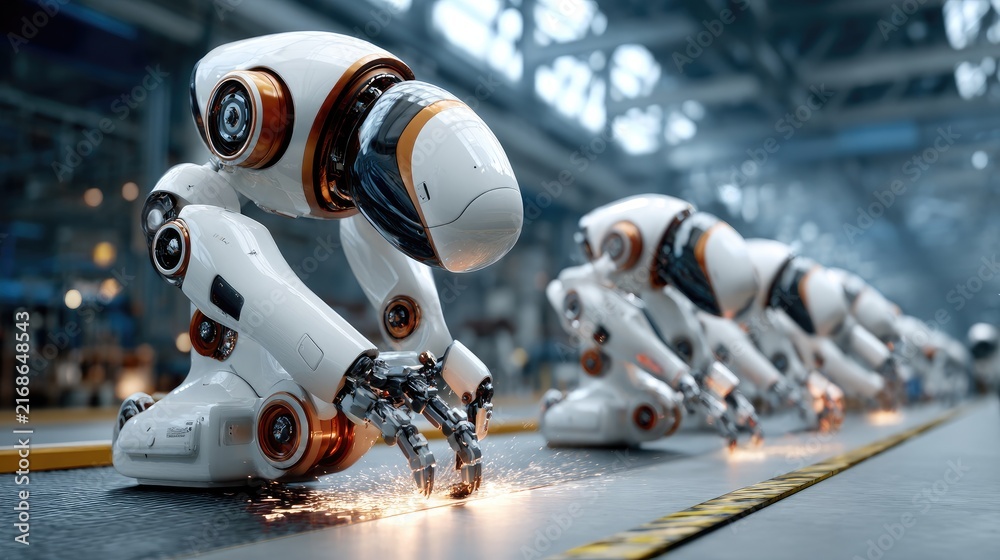 Fototapeta premium Robotic Precision: A line of advanced white robots with glowing orange accents performs intricate tasks on an assembly line, signifying innovation and the future of manufacturing.