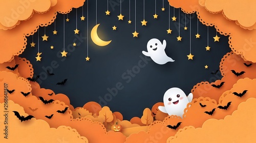Happy halloween paper cut style background with cute ghosts moon stars bats and orange clouds