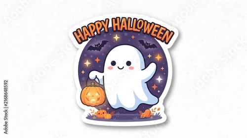 Happy halloween sticker featuring a cute white ghost holding a jack o lantern halloween greeting