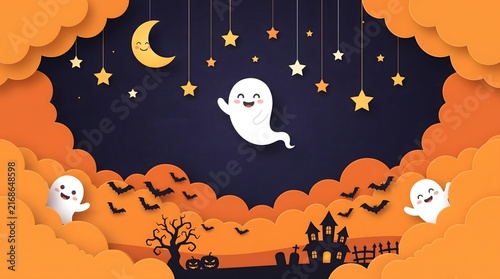 Happy halloween greeting background featuring cute ghosts and a haunted castle silhouette