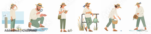 Flat vector illustration set of people exploring the coast, beachcombing, observing marine life, and documenting nature findings on a white background.