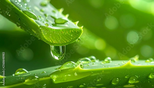 Fresh aloe vera leaf with crystal water drop, macro close-up of natural green succulent gel, organic skincare and wellness concept, bokeh background
