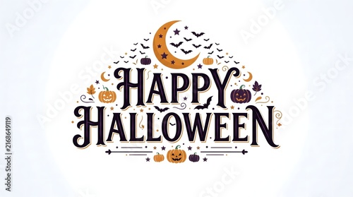Happy halloween festive typography design surrounded by crescent moons bats and pumpkins