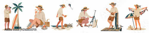 Set of flat vector illustrations depicting people enjoying various summer activities at the beach, including photography, painting, and relaxing.