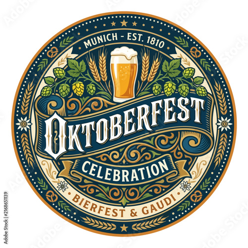 Oktoberfest Celebration Logo: Beer, Hops, Wheat, Munich Est. 1810