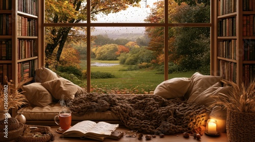 Autumn comfort and luxury in a cozy reading nook with a scenic view