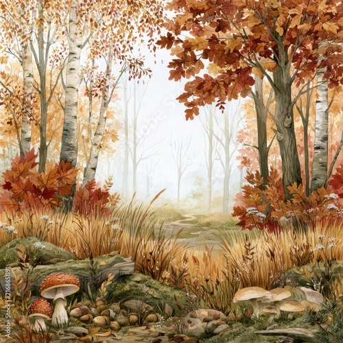 Luxury autumn botanical poster capturing the beauty of fall foliage and mushrooms