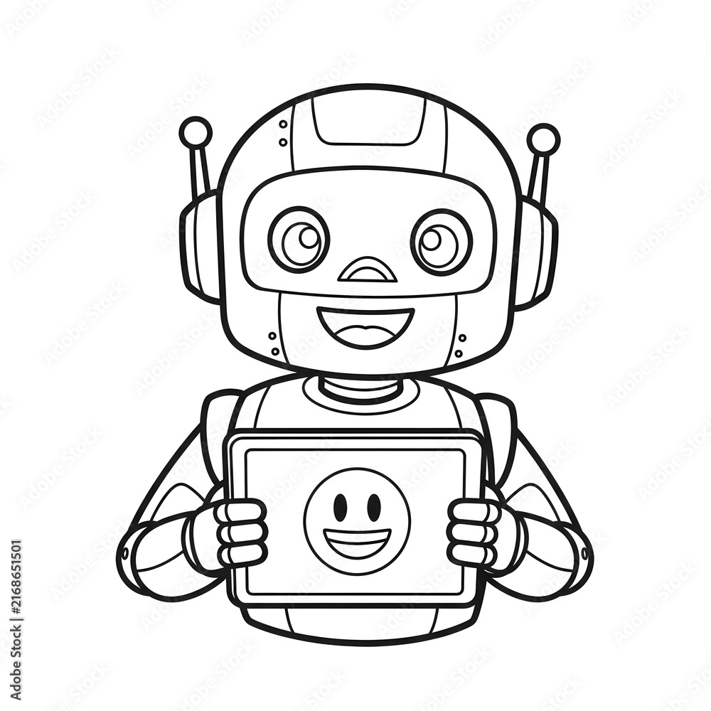 Obraz premium Cute robot character holding a tablet with a smiley face in a cheerful design funny cartoon android