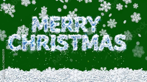 Merry Christmas Text Animation with Glowing Icy Letters and Falling Snowflakes on a Solid Green Background