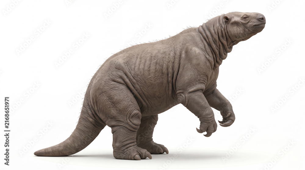 Fototapeta premium Megatherium americanum lateral head up, full-body prehistoric giant ground sloth standing in a natural lateral profile with its head raised upward, neck extended and muzzle elevated as if alert, scent