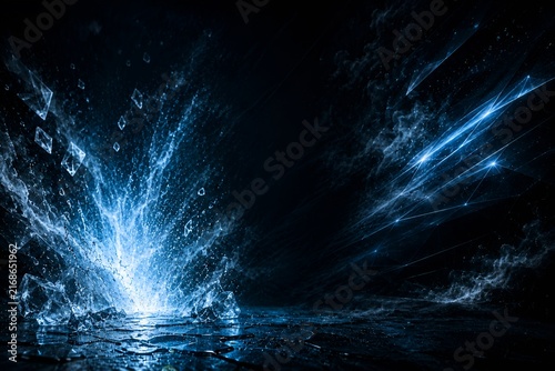 Blue energy burst with icy shards and glowing light trails on a dark background