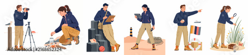 Set of flat illustrations featuring marine researchers and coastal conservationists performing various field tasks including observation, data collection, and sample gathering.