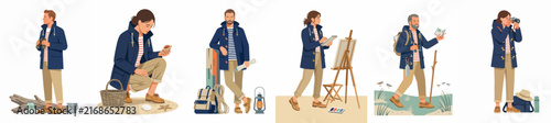 Set of flat vector illustrations featuring men and women engaged in various outdoor hobbies like hiking, camping, painting, and photography.