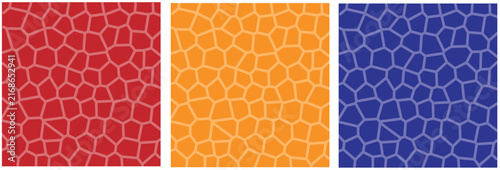 Three vibrant textured backgrounds in red orange and blue showcasing a repeating geometric pattern for design elements