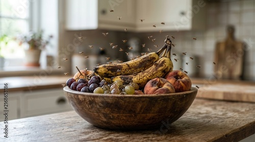 An indoor infestation and pest problem with fruit flies swarming grapes and rotten bananas in a kitchen fruit bowl