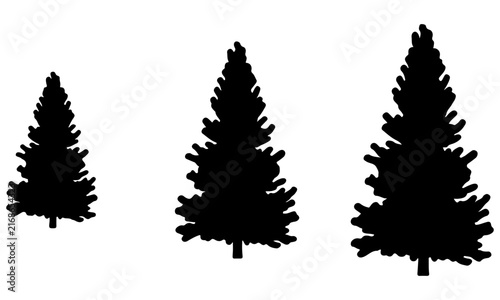 Set of three black pine tree silhouettes isolated on a white background