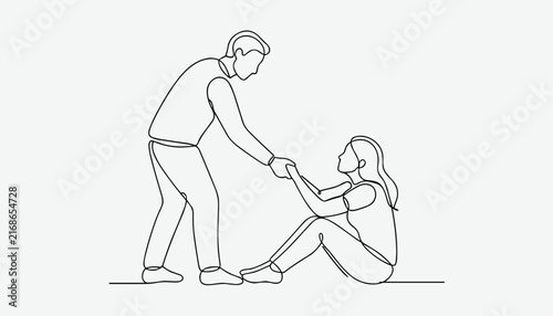 Man reaching out hand to help woman sitting on floor line art illustration