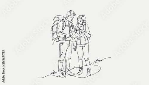 Couple hiking with backpacks looking at map in continuous line art style