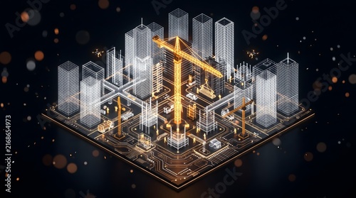 Smart City Construction Concept with Digital Wireframe Architecture