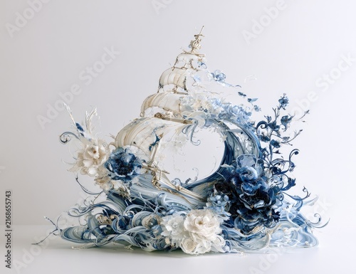 Ornate, flowing, abstract sculpture evoking ocean waves, flowers, and a ship