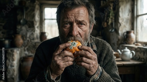 Concepts of poverty, hunger, and desperation featuring a man attempting to eat a moldy orange in a rustic cottage kitchen
