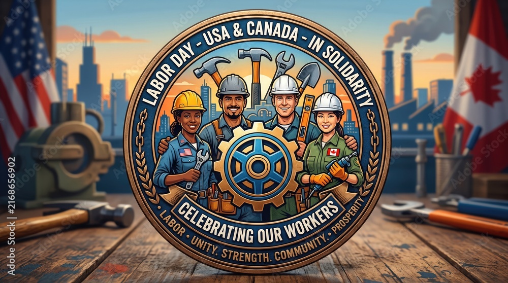 Obraz premium Labor Day USA and Canada badge with diverse workers group and gear framed by national flags concept