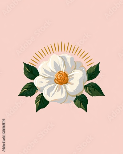 Delicate white flower with orange center, green leaves, golden rays on pink
