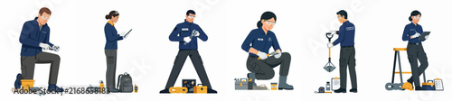 Set of diverse professional maintenance workers and technicians in blue uniforms with various tools and equipment, isolated on white background, flat vector illustration.