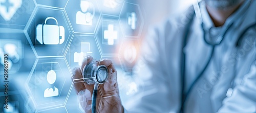 Doctor examining digital health interface with medical icons and stethoscope