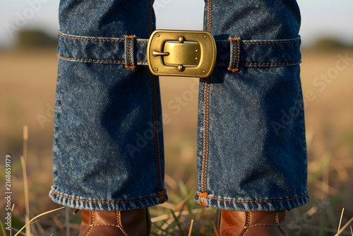 Extreme close-up of a brass belt buckle and flared denim seams.