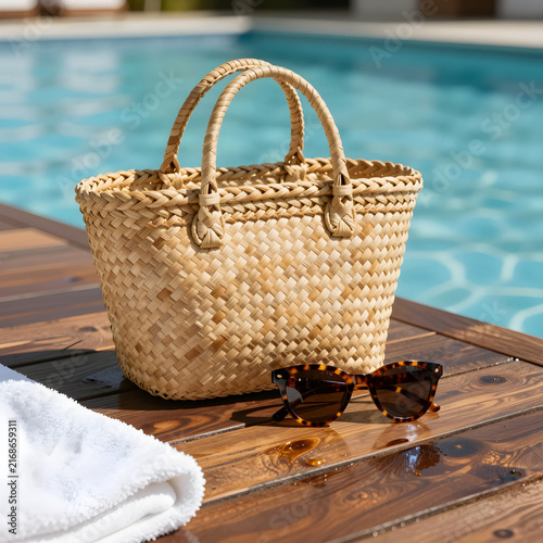 Still-life of a woven beach bag and sunglasses resting on a wet wooden pool deck.