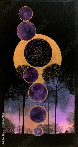 Vertical celestial art with purple orbs, golden rings, and silhouetted trees