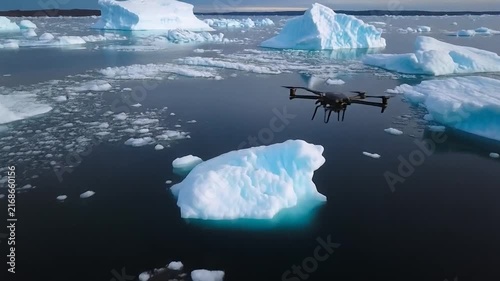 Drone Flying Over Arctic Ocean Surveying Melting Icebergs.