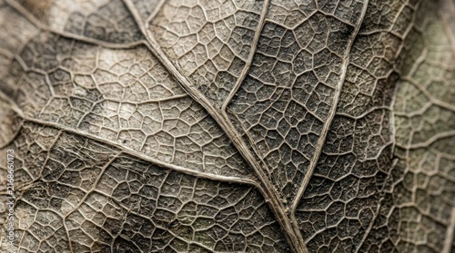 Macro View of Dry Leaf Veins: An extreme close-up reveals the intricate network of veins on a dry, aged leaf, showcasing nature's delicate patterns and textures.