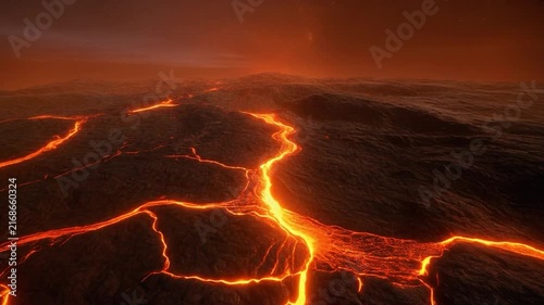 Dramatic Aerial View of Fiery Lava Flowing Through Volcanic Landscape at Sunset.