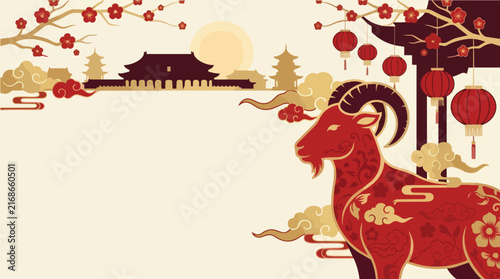 Festive illustration for Lunar New Year, showcasing the zodiac goat, traditional Chinese architecture, red lanterns, and plum blossoms, embodying prosperity and cultural celebration
