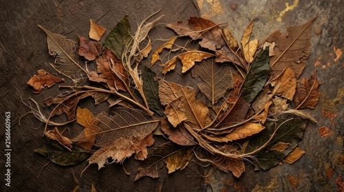 Autumn Palette: A rich tapestry of fallen leaves in various shades of brown, gold, and russet, arranged in an artistic display on a textured surface, evoking the essence of the fall season.