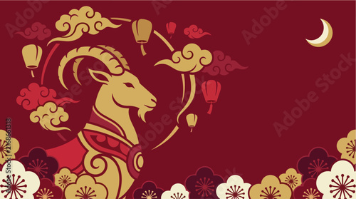 Golden goat illustration on rich red background with traditional clouds, lanterns, and plum blossoms for lunar celebration