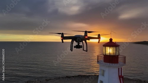 Drone Flight Over Lighthouse at Sunset: Coastal Aerial View.