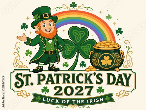 St. Patrick's Day 2027 Leprechaun Poster with Rainbow and Pot of Gold, Irish Holiday 2027 Lucky Celebration Poster with Shamrock, Vintage St. Patrick's Day 2027 Leprechaun Artwork