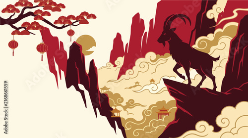 Traditional Chinese landscape illustration featuring a majestic mountain goat on a high cliff with red lanterns and clouds in stylized oriental art