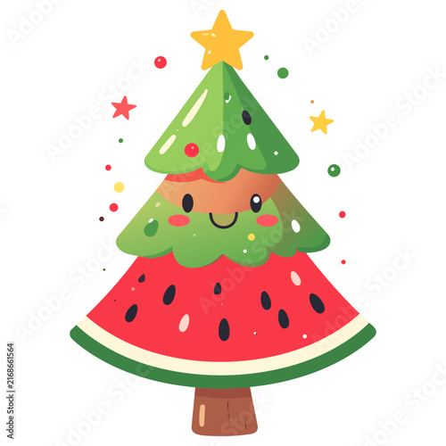 Festive Watermelon Tree with Christmas Star and Decorations, Fruit Holiday Illustration
