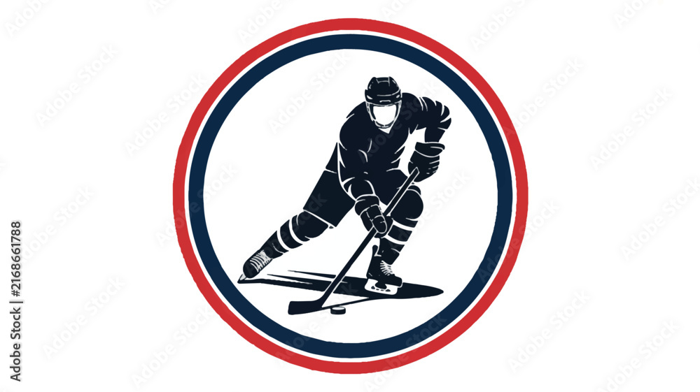 Fototapeta premium A vibrant digital illustration of an energetic ice hockey player in a circular emblem frame for sports team branding