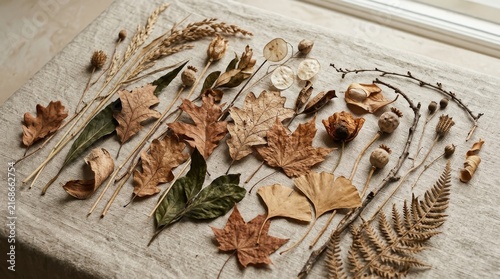 Autumnal Arrangement: A rustic collection of fallen autumn leaves, dried botanicals, twigs, and acorns artfully arranged on a textured surface, evoking the essence of the fall season.