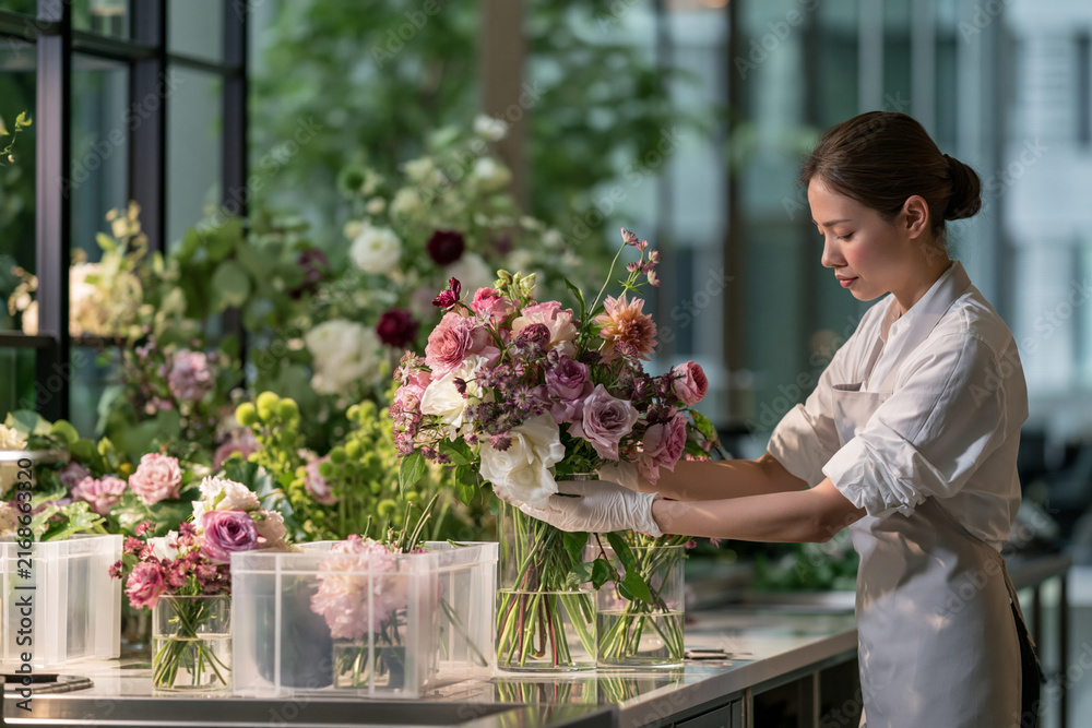 Fototapeta premium Florist repurposing hotel flowers for circular hospitality styling