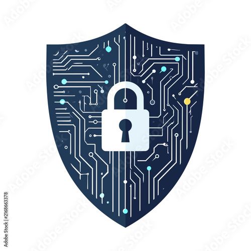 Cyber Security Shield with Digital Lock and Circuit Technology