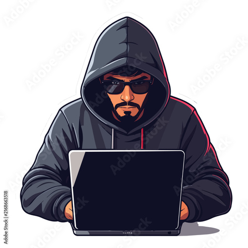 Cybersecurity Hacker Man Using Computer, Hooded Character Vector