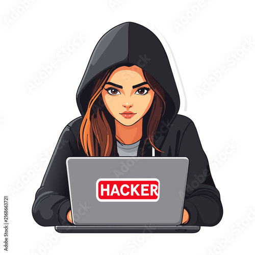 Cybersecurity Hacker Girl, Dark Hoodie Character with Laptop